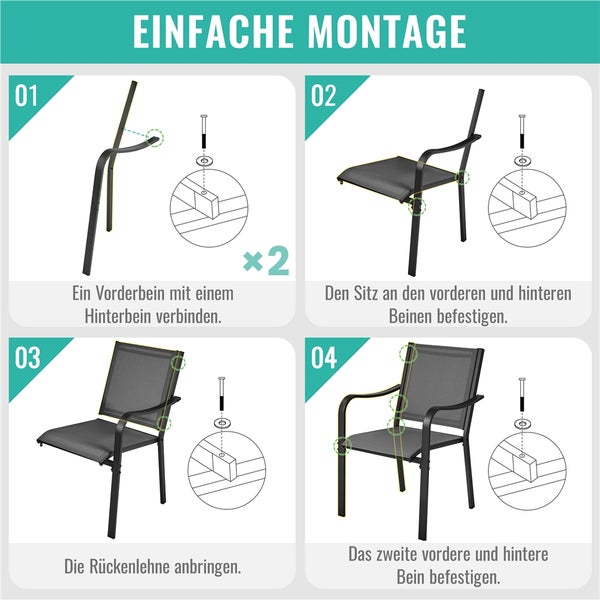 Illustrierte Montageanleitung für einen Gartenstuhl in vier Schritten: Beine verbinden, Sitzfläche montieren, Rückenlehne anbringen und Beine fixieren.
