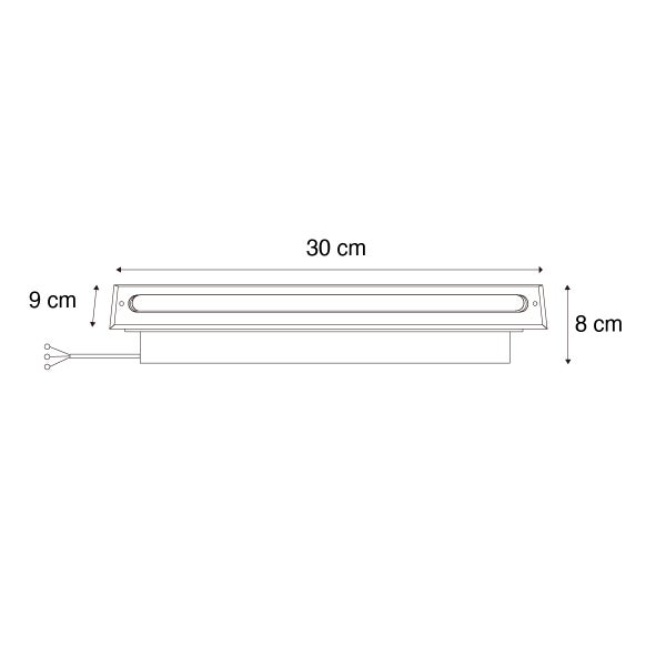 Maßzeichnung einer Leuchte mit Maßen: Länge 30 Zentimeter, Höhe 9 Zentimeter und Einbauhöhe 8 Zentimeter.