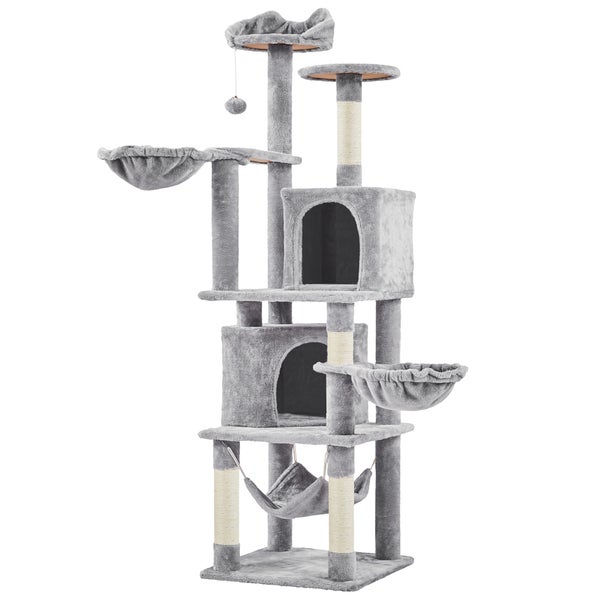 Grauer Kratzbaum mit mehreren Ebenen, Höhlen, Hängematte und Spielzeugball für Katzen