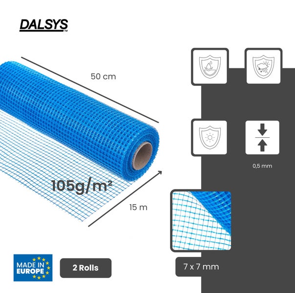 DALSYS Armierungsgewebe, 2 Rollen, 50 Zentimeter breit, 15 Meter lang, 105 Gramm pro Quadratmeter, Maschenweite 7 mal 7 Millimeter. DALSYS Logo.