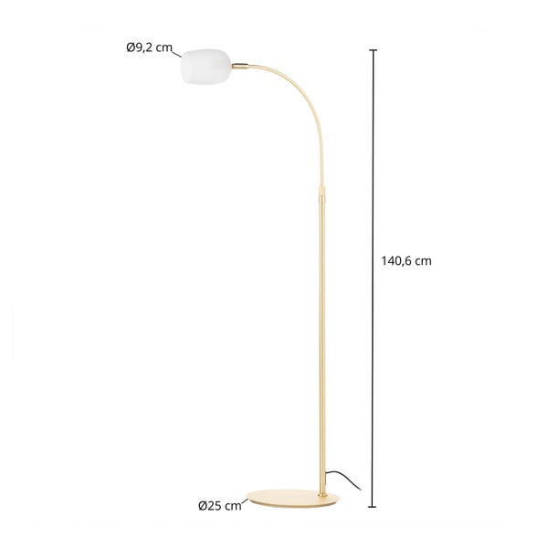 Stehleuchte mit den Maßen 140,6 Zentimeter Höhe, 9,2 Zentimeter Lampenschirmdurchmesser und 25 Zentimeter Fußdurchmesser.