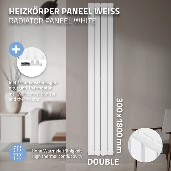 Weißer Doppel-Paneelheizkörper, 300 x 1800 mm, inklusive Wandanschlussgarnitur und Thermostat