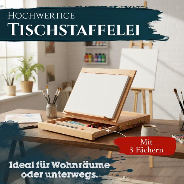 Künstlerin hält einen transportablen Malkoffer aus Holz, der als Aufbewahrung und Staffelei dient, in einem hellen, organisierten Atelier.