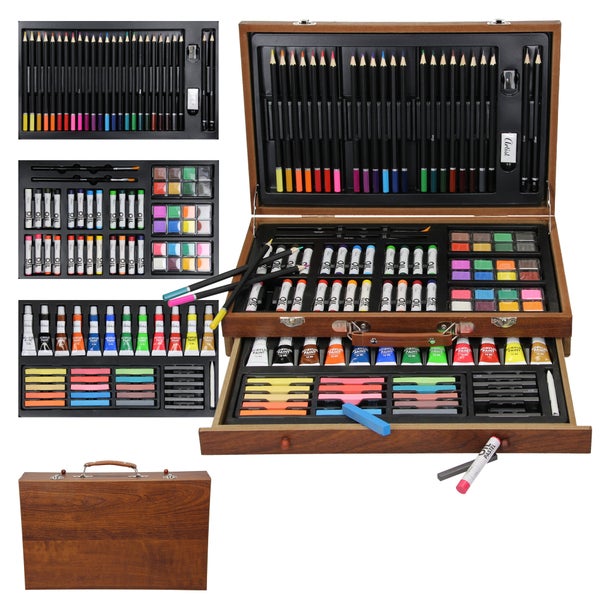 ECD Germany Malset 112 teilig mit Staffelei klappbar, Malkoffer Künstler Set Acryl & Zeichenset, Buntstifte, Leinwand, Pinselset, Wasserfarben, Pastellkreide, Großes Kreativ Set für alle Altersklassen