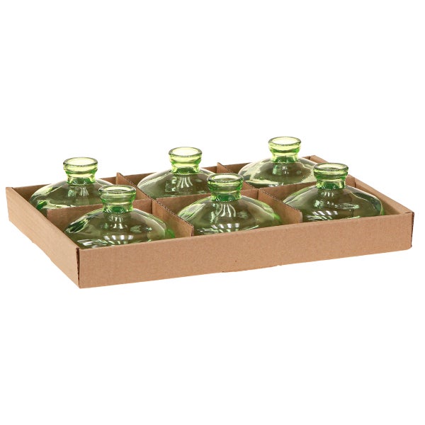Sechs grüne Glasvasen in einer Pappverpackung