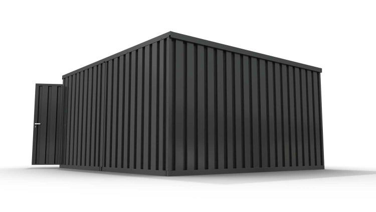 Lagercontainer Gerätehaus XL2  – 21 qm, H2150 x B5080 x T4340 mm, Außenwandlackierung anthrazit, Dach außen verzinkt, mit Holzfußboden, 2750 mm Doppelflügeltür mittig in Stirnseite, montiert