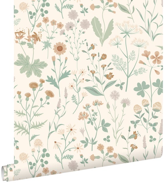 ESTAhome Tapete Feldblumen Grün, Terrakotta und Violett - 53 cm x 10.05 m - 139481