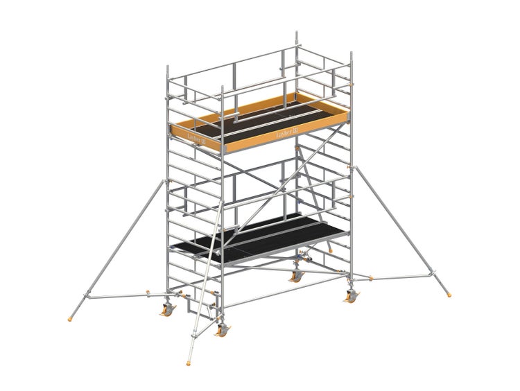 Layher Rollgerüst Uni Breit P2 Safety Plus mit Doppelgeländer und ausziehbaren Gerüststützen 5,20m AH