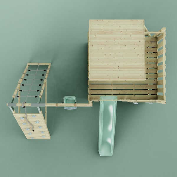 Spielturm aus Holz für Kinder mit Schaukel, Rutsche, Kletterwand inklusive Seil und integriertem Spielhaus.