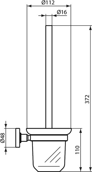 Technische Zeichnung eines WC-Garnitur mit den Maßen Durchmesser 112, Durchmesser 16, Höhe 372, Höhe 110 und Durchmesser 48.