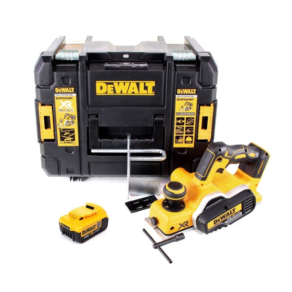 DeWalt Akku-Hobel 18 Volt mit TSTAK-Box, Akku und Parallelanschlag.