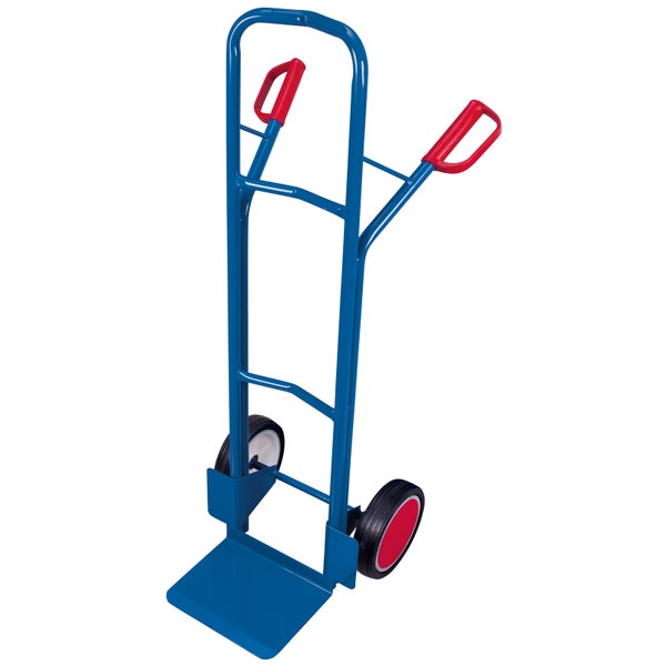 Blaue Sackkarre mit roten Griffen und Rädern