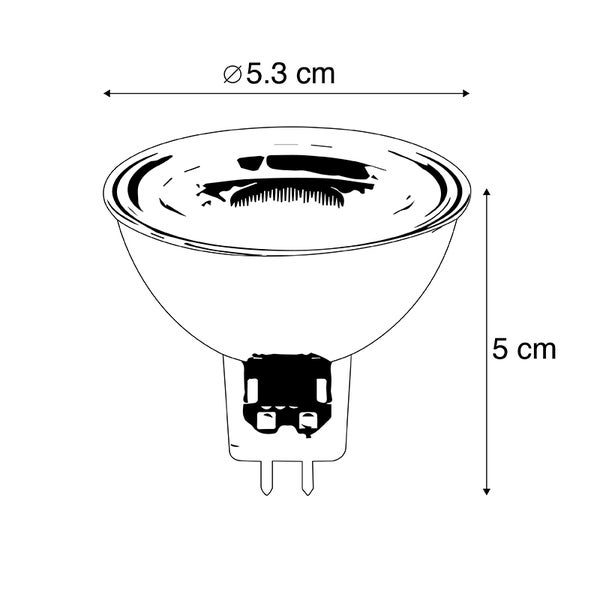 Skizze einer Reflektorlampe mit Maßen: Durchmesser 5,3 Zentimeter und Höhe 5 Zentimeter.