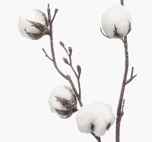 Künstlicher Baumwollzweig mit braunen Stielen und weißen, flauschigen Baumwollkapseln für die Dekoration.
