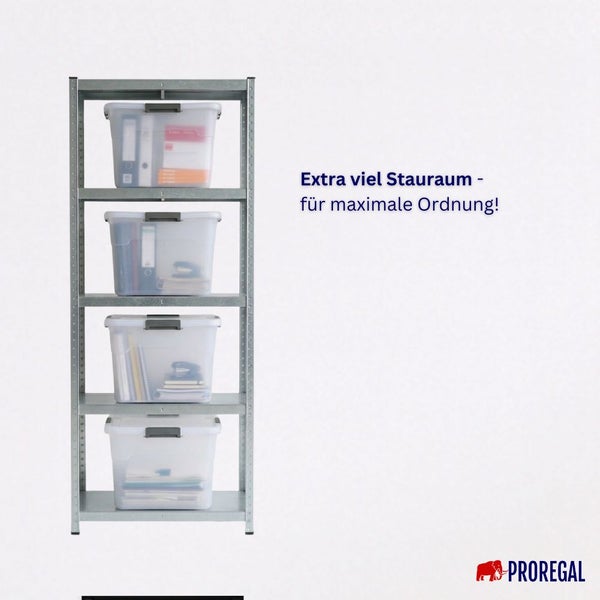 Proregal Schwerlastregal aus Metall mit vier transparenten Kunststoffboxen inklusive Deckeln zur organisierten Lagerung. Proregal Logo.