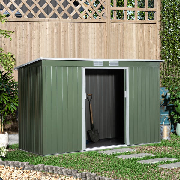 Outsunny Gerätehaus, Geräteschuppen mit Schiebetür, Lüftungsfenster, Pultdach, Outdoor, 280 x 130 x 172 cm, Stahl, Hellgrün