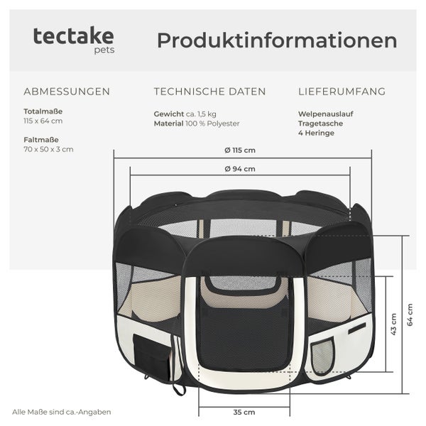 Produktinformationen zum Tectake Pets Welpenauslauf mit Abmessungen, technischen Daten und Lieferumfang.