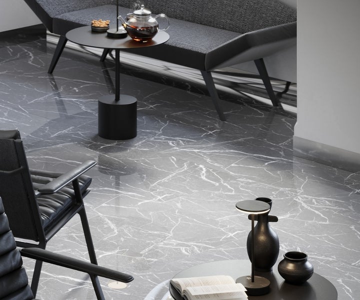 Feinsteinzeug Wand- und Bodenfliese Premium Marble Statuario Dunkelgrau 30 x 60 x 0,9 cm glasiert poliert rektifiziert