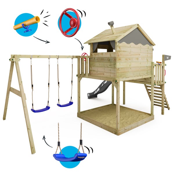 WICKEY Spielturm Klettergerüst Smart Coast mit Schaukel und Rutsche, Stelzenhaus mit Sandkasten, Kletterleiter und Spiel-Zubehör - anthrazit