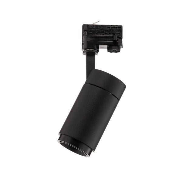 Schwarzer zylindrischer Strahler für Stromschienensysteme mit verstellbarem Adapter.