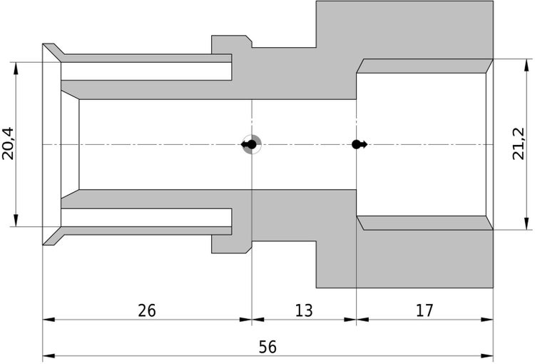 Technische Zeichnung eines Bauteils im Querschnitt mit Maßangaben von 20,4 Millimeter, 21,2 Millimeter und einer Gesamtlänge von 56 Millimeter.