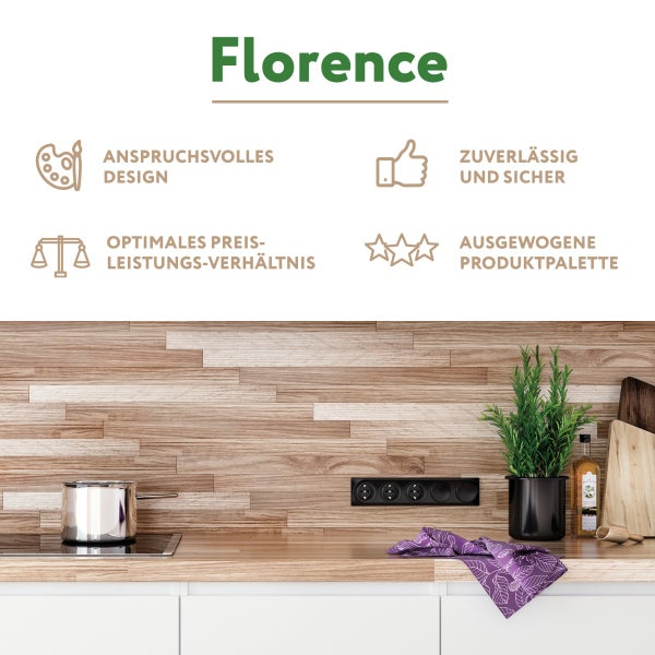 Florence Schalterserie für die Küche mit vier Steckdosen, präsentiert in einer modernen Küchenumgebung mit Holzrückwand und Kochfeld.