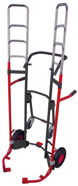 Höhenverstellbare Transportkarre aus Metall mit zwei großen Rädern und zwei Lenkrollen für schwere Lasten.