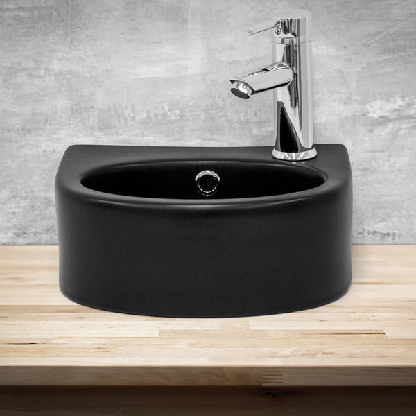 ML-Design Waschbecken Keramik Schwarz 33,5x25,5x13 cm, klein, Hahnloch rechts, Abgerundete Aufsatzwaschbecken, Moderne Waschtisch Waschschale mit Überlauf, Waschplatz Handwaschbecken, für Badezimmer