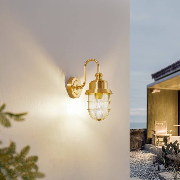 Lindby Wandleuchte außen (Laterne) Adalie (spritzwassergeschützt (Landhaus, Vintage Rustikal) in Gold / Messing aus Edelstahl (1 flammig E27) - Außenwandleuchten Wandlampe Led Außenlampe Outdoor
