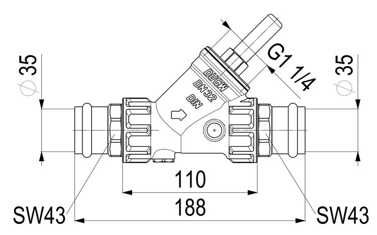 Technische Zeichnung eines Schrägsitzventils Nennweite 32 mit Maßangaben und G 1 1/4 Zoll Anschluss.