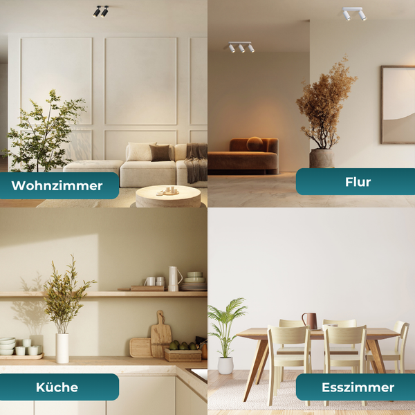 Collage verschiedener Innenräume: Wohnzimmer, Flur, Küche, Esszimmer.