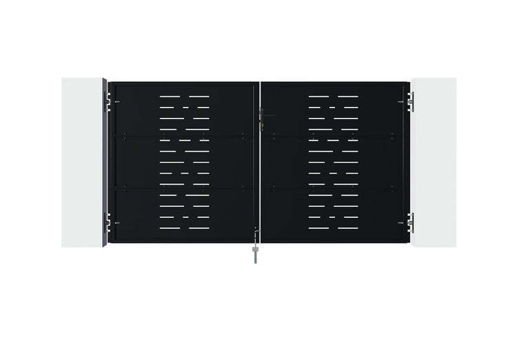 Doppeltor aus Metall mit horizontalen Aussparungen