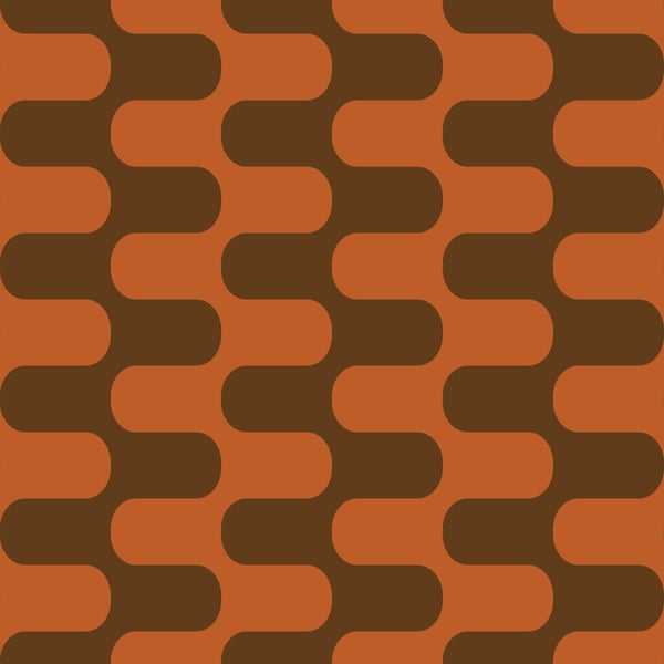 Tapete mit geometrischem Retro-Muster aus ineinandergreifenden abgerundeten Formen in Braun und Terracotta.