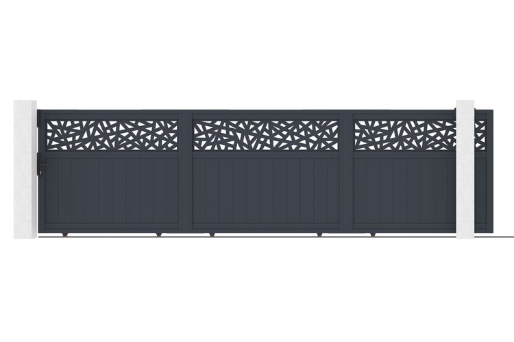 Schiebetor aus Aluminium in Anthrazit mit modernem Dekormuster und blickdichten Paneelen.