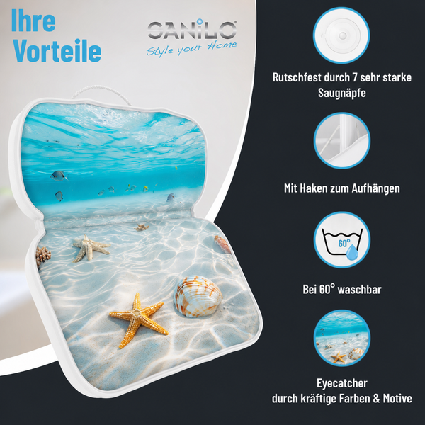 Sanilo Wannenmatte mit Strandmotiv inklusive Saugnäpfen, Aufhängevorrichtung und Waschbarkeit bei 60 Grad Celsius.