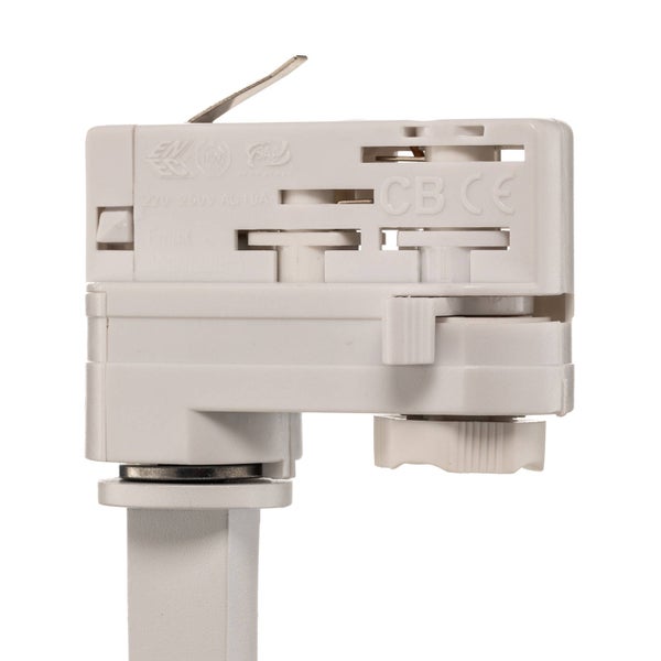 Weißer Stromschienenadapter aus Kunststoff für Schienensysteme mit Prüfzeichen, geeignet für 220 bis 250 Volt Wechselstrom.