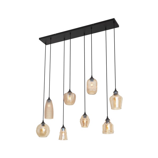 Mehrflammige Pendelleuchte mit sieben Glasschirmen