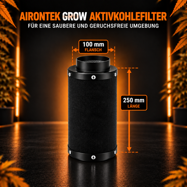 Airontek Grow Aktivkohlefilter mit 100 Millimeter Flanschdurchmesser und 250 Millimeter Gehäuselänge zur Geruchsfilterung in der Pflanzenzucht.