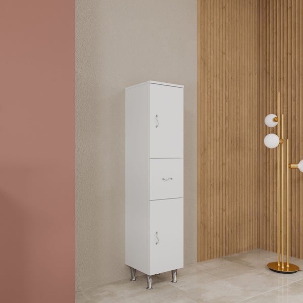 Hoher, weisser Badezimmerschrank mit Schublade und Türen.