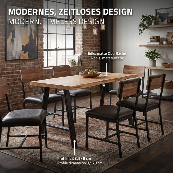 Essgruppe mit Holztisch mit Baumkante und Metallbeinen sowie vier Stühlen in einem modern gestalteten Esszimmer mit Backsteinwand und Teppich.