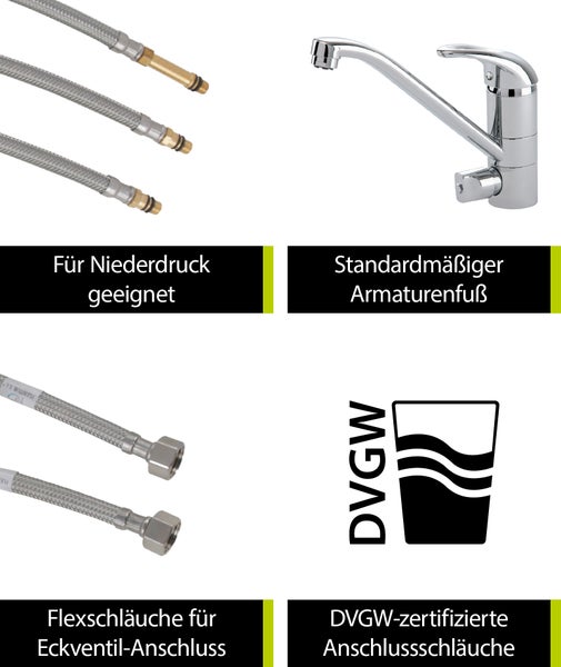 aquaSu® Niederdruck Küchenarmatur mit Geräteanschluss, Wasserhahn Küche Niederdruck, Spültischarmatur , Einhebelmischer Spüle mit Ringgriff, Keramikkartusche mit Wassersparfunktion, Chrom, 772006