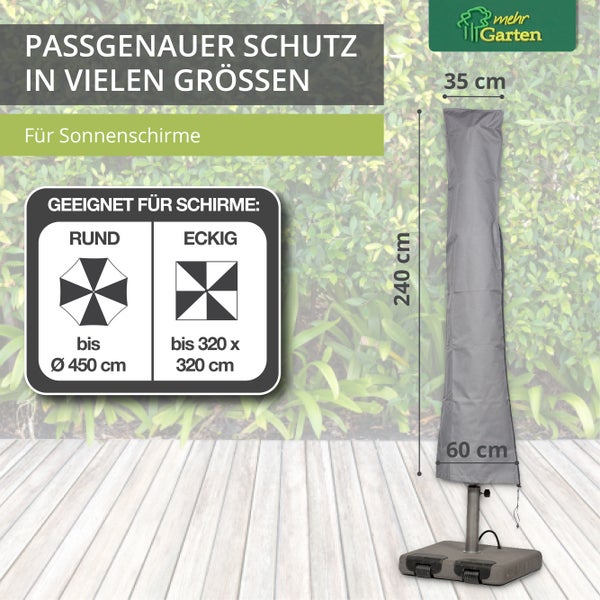 Mehr Garten - Premium Sonnenschirm-Abdeckhaube: 220 (H) x 30/55 (B) cm I Geeignet für Schirm rund bis Ø400 cm I Schutzhülle für Sonnenschirme, wasserdicht & wetterfest (Oxford 600D Gewebe), Lichtgrau