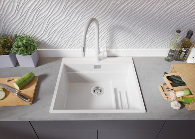 PRIMAGRAN Granitspüle Alles Weiß 58x53cm, Spülbecken 1 Becken + Küchenarmatur 32x20cm + Ablauf-Set + Küchenzubehörset, Küchenspüle ab 60er Unterschrank - Oslo Max