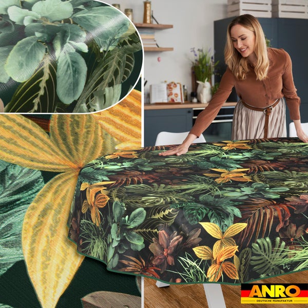 Abwaschbare Tischdecke mit tropischem Blättermuster von ANRO in einer modernen Küche mit Detailansichten der Materialstruktur.