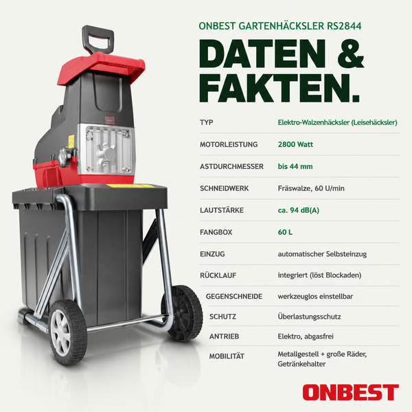 Infografik zum Onbest Gartenhäcksler RS2844: Elektro-Walzenhäcksler, 2800 Watt, Astdurchmesser bis 44 Millimeter, 60 Liter Fangbox.