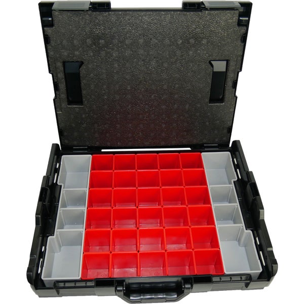 Sortimentskoffer mit roten und grauen Fächern