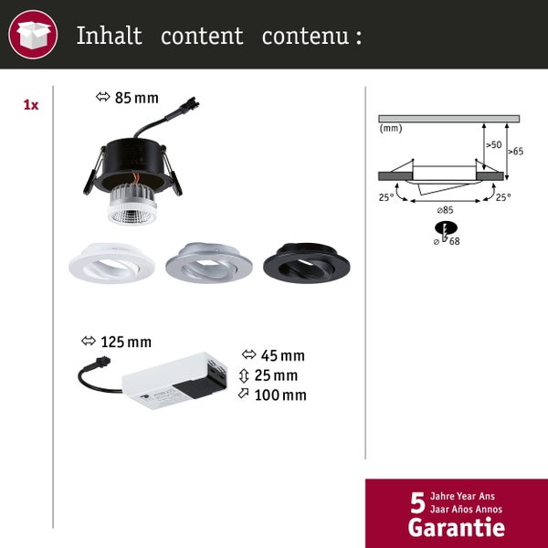 Lieferumfang Einbaustrahler-Set: LED-Modul, drei Ringe, Transformator, Installationsmaße mit 68 Millimeter Lochausschnitt und 5 Jahre Garantie.