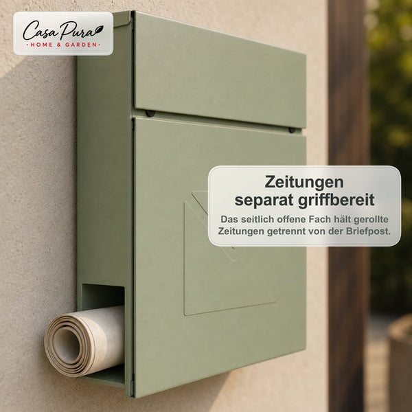 Wandbriefkasten aus Metall mit separatem Zeitungsfach, Casa Pura Logo, montiert an einer Hauswand.