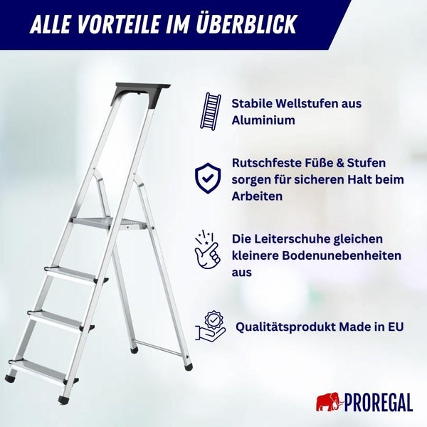 Stufenstehleiter ATLAS mit Werkzeugablage einseitig begehbar 4 Stufen Arbeitshöhe 2,75m Traglast 125kg