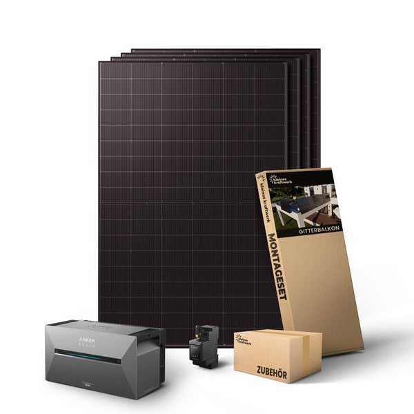 Balkonkraftwerk Komplettset mit vier Solarmodulen, Anker SOLIX Solarbank 2 Pro, Montageset für Gitterbalkon und Zubehörboxen.